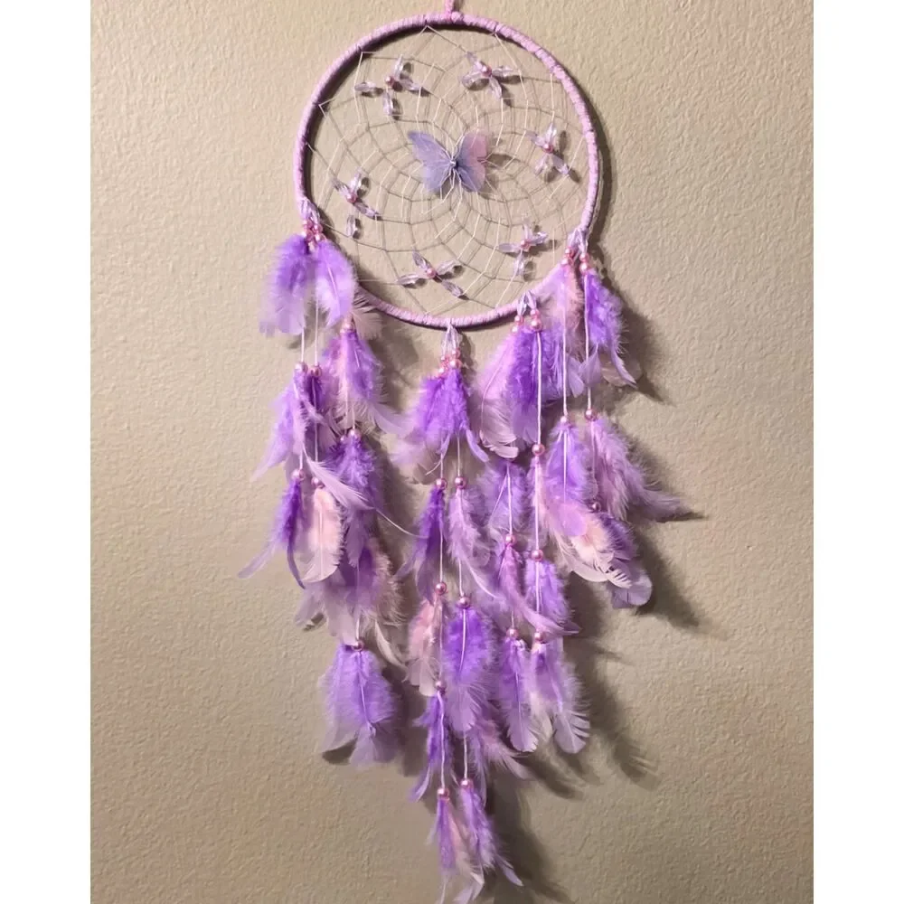 Lavender Butterfly Dreamcatcher - Purple Feathers & Crystal Bead Web Wall Decor